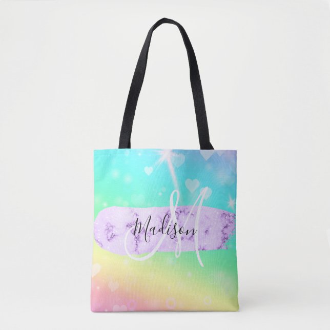 Girly Colourful Unicorn Rainbow Hearts Monogram Tote Bag (Front)