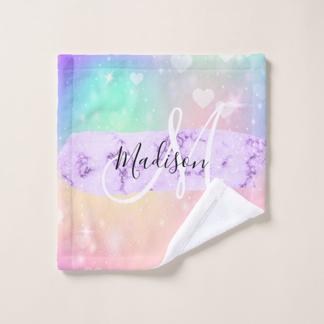 Girly Colourful Unicorn Rainbow Hearts Monogram Wash Cloth (Wash Cloth)
