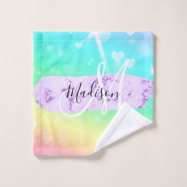 Girly Colourful Unicorn Rainbow Hearts Monogram Wash Cloth (Wash Cloth)