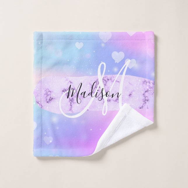 Girly Colourful Unicorn Rainbow Hearts Monogram Wash Cloth (Wash Cloth)