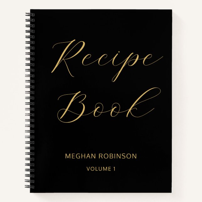 Girly Cookbook Black And Gold Recipe Script Notebook (Front)