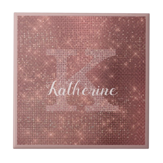 Girly Copper Diamond Sparkle Glam Monogram Name Ceramic Tile (Front)
