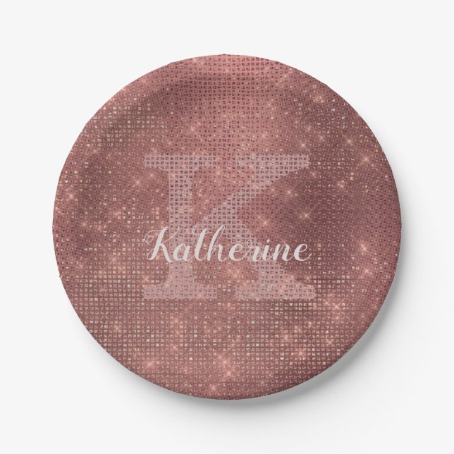 Girly Copper Diamond Sparkle Glam Monogram Name Paper Plate (Front)