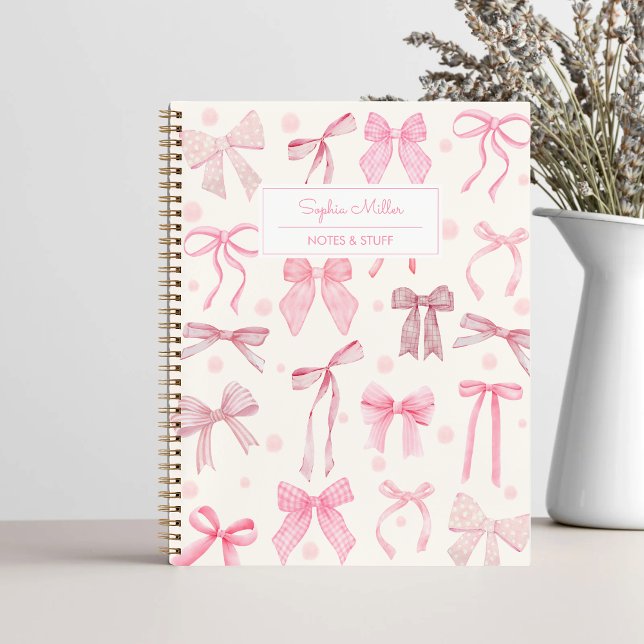 Girly Coquette Aesthetic Pink Bow Custom Name Notebook (Creator Uploaded)