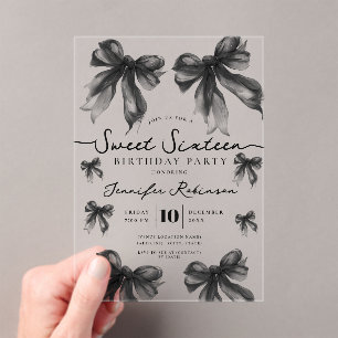 Girly Coquette Bow Sweet 16 Birthday Black   Acrylic Invitations