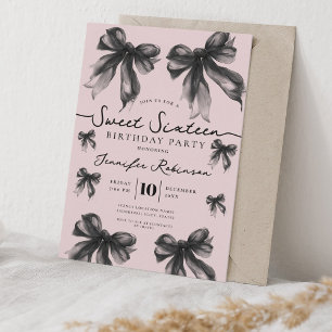 Girly Coquette Bow Sweet 16 Birthday Black Blush Invitation