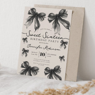 Girly Coquette Bow Sweet 16 Birthday Black Invitation