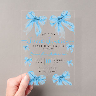 Girly Coquette Bow Sweet 16 Birthday Party Blue  Acrylic Invitations