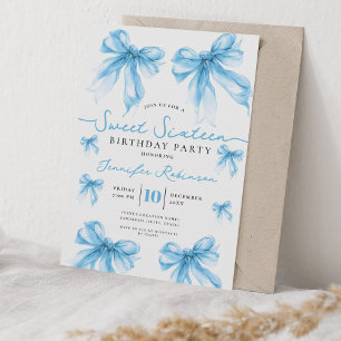 Girly Coquette Bow Sweet 16 Birthday Party Blue  Invitation