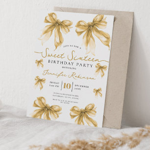 Girly Coquette Bow Sweet 16 Birthday Party Gold Invitation