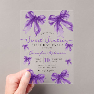 Girly Coquette Bow Sweet 16 Birthday Party Purple Acrylic Invitations