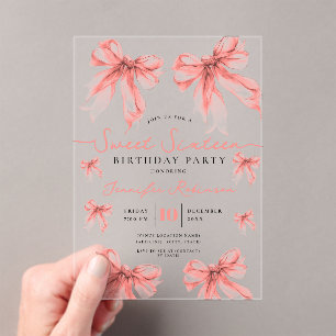 Girly Coquette Bow Sweet 16 Birthday Rose Gold Acrylic Invitations