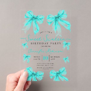 Girly Coquette Bow Sweet 16 Birthday Turquoise Acrylic Invitations