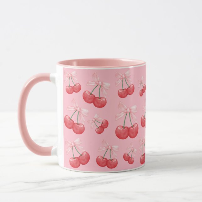 Girly Coquette Cherry Bow Print Pink Mug (Left)