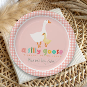 Girly Coquette Gingham Silly Goose Baby Shower Paper Plate