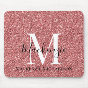 Girly Coral Red Glitter Monogram Name   Mouse Pad