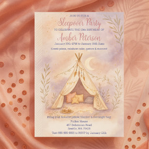 Girly Cosy Tent Moon and Stars Boho Birthday Party Invitation