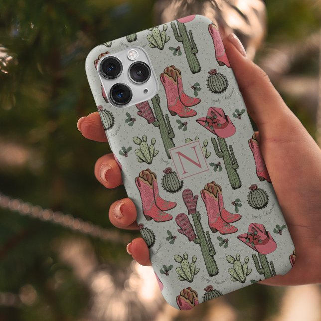 Girly Country Cowgirl Christmas Monogram Case-Mate iPhone Case (Custom Green Country Christmas Cowgirl Boots, Hats, Mittens & Cactus. Hand-Drawn in Black Ink.)