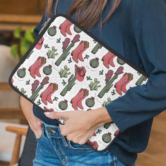 Girly Country Cowgirl Christmas Pink and Green Laptop Sleeve ("Howdy Christmas" Country Christmas Cowgirl Boots, Hats, Mittens & Cactus. Hand-Drawn in Black Ink.)