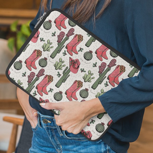 Girly Country Cowgirl Christmas Pink and Green Laptop Sleeve (Girly "Howdy Christmas" Country Xmas Cowgirl Boots, Hats, Mittens, Cactus. Hand-Drawn in Black Ink.)