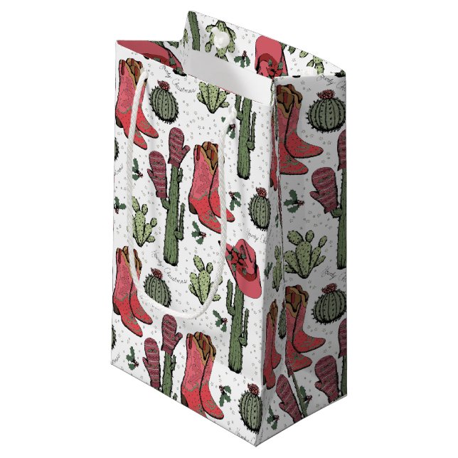 Girly Country Cowgirl Christmas Pink and Green Small Gift Bag (Front Angled)