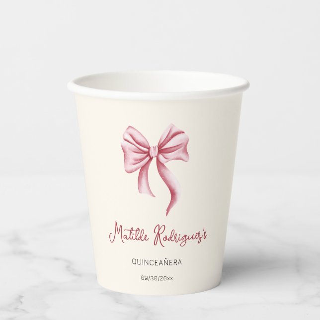Girly Cream Pink Bow Quinceanera Party Paper Cups (Front)