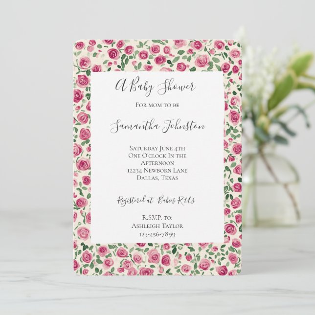 Girly Cream Pink Chic Floral Baby Shower Invitation (Standing Front)