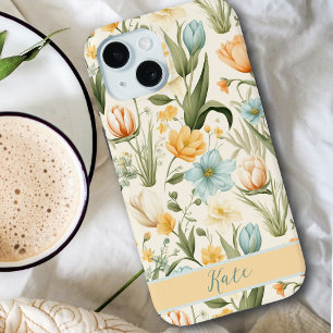 Girly Custom Name Spring Bouquet Pastel Florals iPhone 15 Case