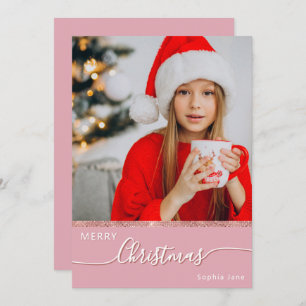Girly Custom One Photo Pink Merry Christmas Holiday Card