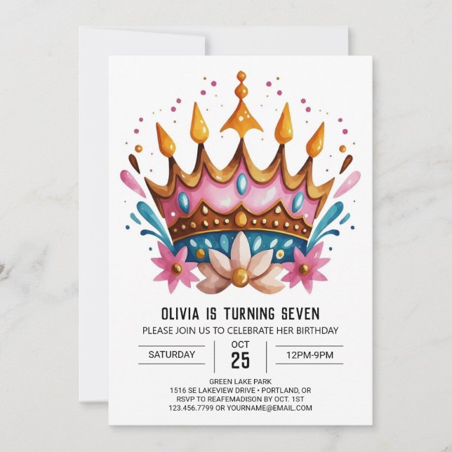 Girly Custom Princess Crown Birthday Invitation (Front)