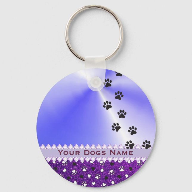 Girly Customized Dog Paw Print & Glitter Key Ring (Front)