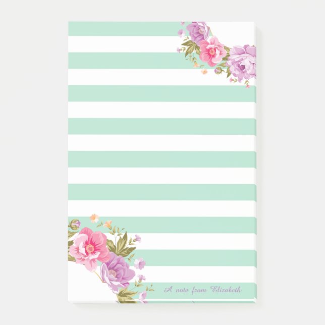 Girly Cute Floral ,Mint Green Striped,Personalised Post-it Notes (Front)