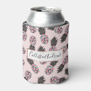 Girly Cute Floral Pink Black Pineapple Pattern Can Cooler
