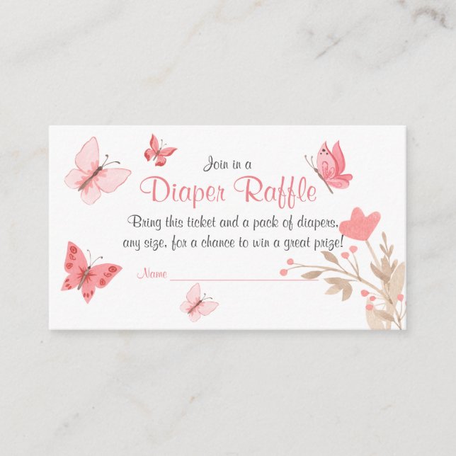 Girly Cute Floral Pink Butterflies Diaper Raffle Enclosure Card (Front)