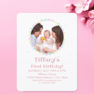 Girly Cute Flower Frame Pink Kids Birthday Photo Invitation