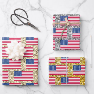 Girly Cute Fun Glitter Patriotic American USA Flag Wrapping Paper Sheet