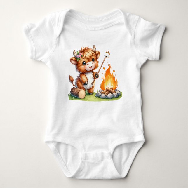 Girly Cute Highland Cow Smores Camping Baby Bodysuit (Front)