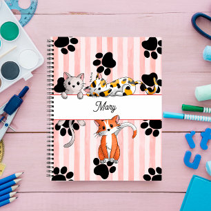 Girly cute Kittens & paws, red striped spiral Notebook