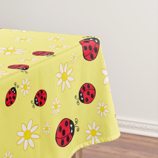girly cute ladybug and daisy flower pattern yellow tablecloth (In Situ)