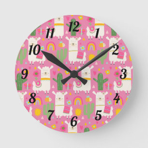 Girly Cute Llamas Green Cactus Rainbows Pink Round Clock