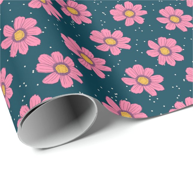 Girly Cute Modern Blue Pink Floral Flowers Wrapping Paper (Roll Corner)