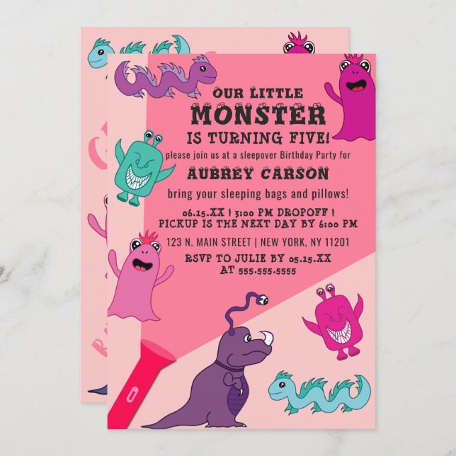 Girly Cute Monster Flashlight Sleepover Birthday Invitation (Front/Back)
