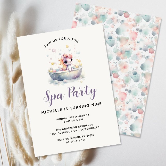 Girly Cute Pastel Pony Spa Day Kids Birthday Party Invitation (Creator Uploaded)
