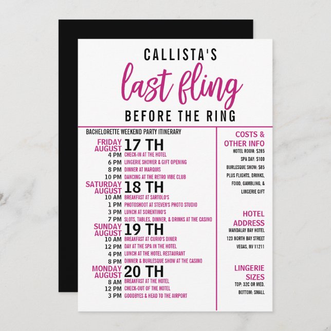 Girly Cute Pink Black Bachelorette Party Itinerary Invitation (Front/Back)