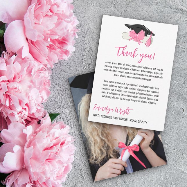 Girly Cute Pink Bows Photo Graduation Thank You Card (Creator Uploaded)