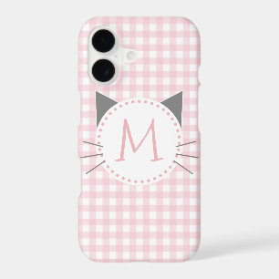 Girly Cute Pink & White Gingham Cat Monogram