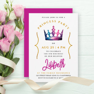 Girly Cute Princess Pink Crown Watercolor   Invitation