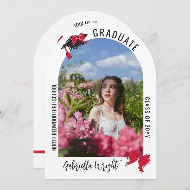 Girly Cute Red Bows Arch Graduation Celebration Invitation (Front/Back)