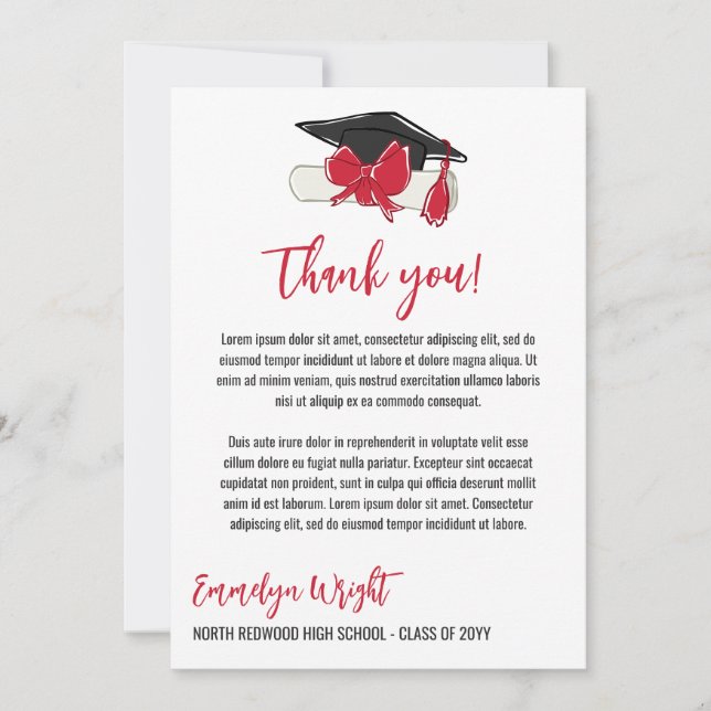 Girly Cute Red Bows Photo Graduation Thank You Card (Front)