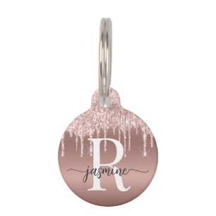 Girly Cute Rose Gold Glitter Monogram Script Pet Tag